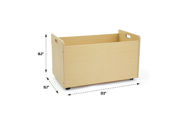 Let them be the little king or queen of their castle (or playroom) with this rolling toy box. Large and roomy storage compartment gives them plenty of space to put everything away. Equipped with easy rolling casters for mobility, this natural finish wood toy box is the perfect storage solution for bedrooms, nurseries or family rooms.Made of engineered wood | Natural wood tone finish | Measures 21.17" w x 15.75"d x 16.14" h | 4 smooth-rolling single direction casters | Kid-friendly rounded corners | Assembly required
