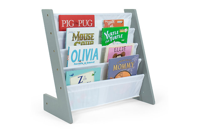 This space saving, toddler-sized book organizer is the perfect storage solution for your little one's favorite collection of books and magazines. The tiered design displays reading materials with covers facing forward for easy identification. Bookrack features four deep, fabric storage pockets for books, puzzles, coloring books and magazines of all shapes and sizes.Made of engineered wood | Gray and white | 4-tier bookrack with fabric storage pockets | Assembled dimensions: 25" w x 12.08" d x 23.8" h | Ideal for children ages 3 and up | Simple assembly required