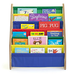 This space saving, toddler-sized book organizer is the perfect storage solution for your little one's favorite collection of books and magazines. The tiered design displays reading materials with covers facing forward for easy identification. Bookrack features six deep, fabric storage pockets for books, puzzles, coloring books and magazines of all shapes and sizes.Made of engineered wood | Natural wood tone finish with fabric pockets in primary colors | 6-tier bookrack with fabric storage pockets | Assembled dimensions: 25" w x 12.08" d x 29.5" h | Ideal for children ages 3 and up | Simple assembly required