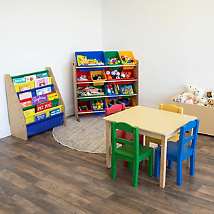 This space saving, toddler-sized book organizer is the perfect storage solution for your little one's favorite collection of books and magazines. The tiered design displays reading materials with covers facing forward for easy identification. Bookrack features six deep, fabric storage pockets for books, puzzles, coloring books and magazines of all shapes and sizes.Made of engineered wood | Natural wood tone finish with fabric pockets in primary colors | 6-tier bookrack with fabric storage pockets | Assembled dimensions: 25" w x 12.08" d x 29.5" h | Ideal for children ages 3 and up | Simple assembly required