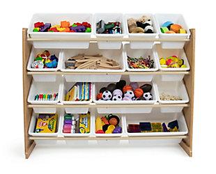 Let them be the little king or queen of their castle (or playroom) with this super-sized organizer with 16 bins. A combination of medium and large removable containers makes playtime fun and oh-so-easy to clean up after. This space-saving toy box alternative is easy to assemble and the sturdy plastic bins are great for helping children sort toys. The height of this storage organizer with 16 plastic bins is just right for toddlers and preschool-aged children.Made of engineered wood and steel with plastic bins | Natural wood tone finish with white plastic containers | Stabilizing steel braces as an added safety feature | Remove bins for playtime and easy clean up; includes 12 regular size and 4 double size rugged plastic bins (equivalent to 20 bins) | Ideal for children ages 3 and up | Assembly required