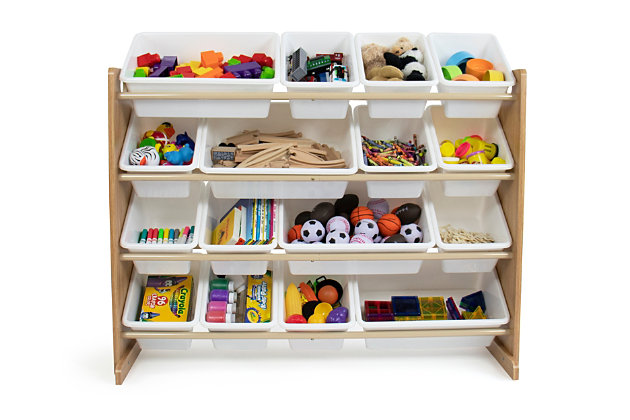Let them be the little king or queen of their castle (or playroom) with this super-sized organizer with 16 bins. A combination of medium and large removable containers makes playtime fun and oh-so-easy to clean up after. This space-saving toy box alternative is easy to assemble and the sturdy plastic bins are great for helping children sort toys. The height of this storage organizer with 16 plastic bins is just right for toddlers and preschool-aged children.Made of engineered wood and steel with plastic bins | Natural wood tone finish with white plastic containers | Stabilizing steel braces as an added safety feature | Remove bins for playtime and easy clean up; includes 12 regular size and 4 double size rugged plastic bins (equivalent to 20 bins) | Ideal for children ages 3 and up | Assembly required