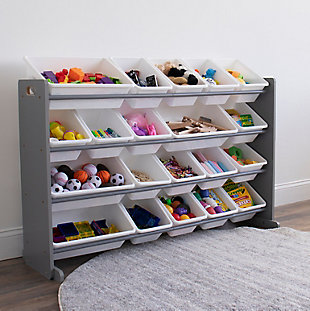 This space-saving extra-large storage organizer with 20 plastic bins offers 40% more storage than the leading organizer and is ideal for organizing your closet, play space, pantry, office, mudroom, child's bedroom, playroom, nursery or living room. The easy access storage containers are removable, making it fun for boys and girls to take out toys, books and games for playtime and quick to clean up after. This toy box storage alternative is easy to assemble and the sturdy plastic bins are great for helping children sort toys. Alternatively, this organizer can be used by anyone in the household or in any environment that needs organization.Gray finish with white plastic containers | Stabilizing steel braces as an added safety feature | Remove bins for playtime and easy clean up; includes 16 regular size and 4 double size rugged plastic bins (equivalent to 24 bins) | Ideal for children ages 3 and up | Assembly required