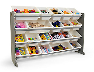 This space-saving extra-large storage organizer with 20 plastic bins offers 40% more storage than the leading organizer and is ideal for organizing your closet, play space, pantry, office, mudroom, child's bedroom, playroom, nursery or living room. The easy access storage containers are removable, making it fun for boys and girls to take out toys, books and games for playtime and quick to clean up after. This toy box storage alternative is easy to assemble and the sturdy plastic bins are great for helping children sort toys. Alternatively, this organizer can be used by anyone in the household or in any environment that needs organization.Gray finish with white plastic containers | Stabilizing steel braces as an added safety feature | Remove bins for playtime and easy clean up; includes 16 regular size and 4 double size rugged plastic bins (equivalent to 24 bins) | Ideal for children ages 3 and up | Assembly required