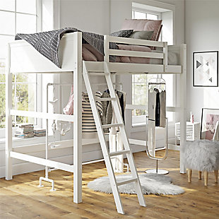 Kids Denver Full Size Wooden Loft Bed with Ladder, White, large