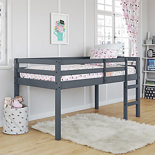 Let your child’s creativity run wild with the stylish, fun and functional design of the Dorel Living Milton twin loft bed. With sturdy wood construction and a trendy gray finish, the Milton will easily fit into any new or existing decor. Designed with small spaces in mind, its low height ensures a safe climb at bedtime with space below for storage, reading, building a fort, or whatever their imaginations can dream up. And you’ll rest easy knowing the Milton features an easy climb stepladder and a full-length guardrail for additional safety.Made of wood and engineered wood | Gray finish | Twin size low-height loft bed includes ladder, full-length guardrails, horizontal paneling | Included slats eliminate need for foundation/box spring | Twin mattress available, sold separately | The Consumer Product Safety Commission states that top bunks not be used for children under 6 years of age | 1-year limited warranty | For any questions regarding Dorel products, please contact customer service at 1-800-295-1980