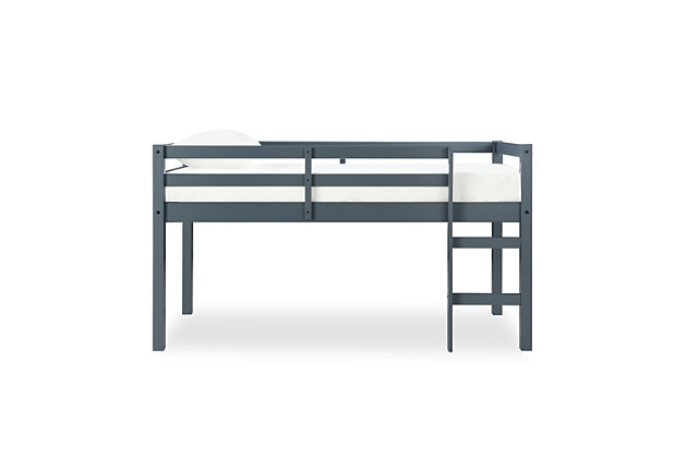 Let your child’s creativity run wild with the stylish, fun and functional design of the Dorel Living Milton twin loft bed. With sturdy wood construction and a trendy gray finish, the Milton will easily fit into any new or existing decor. Designed with small spaces in mind, its low height ensures a safe climb at bedtime with space below for storage, reading, building a fort, or whatever their imaginations can dream up. And you’ll rest easy knowing the Milton features an easy climb stepladder and a full-length guardrail for additional safety.Made of wood and engineered wood | Gray finish | Twin size low-height loft bed includes ladder, full-length guardrails, horizontal paneling | Included slats eliminate need for foundation/box spring | Twin mattress available, sold separately | The Consumer Product Safety Commission states that top bunks not be used for children under 6 years of age | 1-year limited warranty | For any questions regarding Dorel products, please contact customer service at 1-800-295-1980