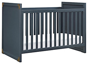 Create a space that is fun and sophisticated with the delightful Miles 2-in-1 convertible crib by Baby Relax. Combining campaign and modern style, this charismatic crib is crafted with a sturdy wood construction and includes two full-size end panels. Sleek and safe, this crib comes equipped with four mattress positions that allow you to adjust the height of the platform as your child grows. When your child is ready, this crib conveniently converts into a stylish toddler daybed. From functionality also sprang great design with modern features such as clean lines, a fresh graphite blue finish and aged brass-tone metal accents. Combine the Miles 2-in-1 convertible crib with the rest of the Baby Relax Miles collection to ceate a playfully sophisticated nursery that will grow with your child.Made of wood | Campaign style 2-in-1 convertible crib | Features a modern non-toxic graphite blue finish | Includes two full-size end panels with antiqued brass-tone metal plates on each corner | Easily converts into a toddler daybed once your child has outgrown the crib function | Pair this Crib with any Baby Relax Miles collection pieces to complete your baby's nursery | Adjustable height mattress support with 4 convenient positions to grow with your baby | Uses a standard size crib mattress (sold separately) | JPMA certified and meets all CPSC and ASTM safety standards | 1-year limited warranty | For any questions regarding Dorel products, please contact customer service at 1-800-295-1980 | Assembly required