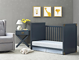Create a space that is fun and sophisticated with the delightful Miles 2-in-1 convertible crib by Baby Relax. Combining campaign and modern style, this charismatic crib is crafted with a sturdy wood construction and includes two full-size end panels. Sleek and safe, this crib comes equipped with four mattress positions that allow you to adjust the height of the platform as your child grows. When your child is ready, this crib conveniently converts into a stylish toddler daybed. From functionality also sprang great design with modern features such as clean lines, a fresh graphite blue finish and aged brass-tone metal accents. Combine the Miles 2-in-1 convertible crib with the rest of the Baby Relax Miles collection to ceate a playfully sophisticated nursery that will grow with your child.Made of wood | Campaign style 2-in-1 convertible crib | Features a modern non-toxic graphite blue finish | Includes two full-size end panels with antiqued brass-tone metal plates on each corner | Easily converts into a toddler daybed once your child has outgrown the crib function | Pair this Crib with any Baby Relax Miles collection pieces to complete your baby's nursery | Adjustable height mattress support with 4 convenient positions to grow with your baby | Uses a standard size crib mattress (sold separately) | JPMA certified and meets all CPSC and ASTM safety standards | 1-year limited warranty | For any questions regarding Dorel products, please contact customer service at 1-800-295-1980 | Assembly required
