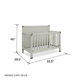 Create a space that is fun and sophisticated with the delightful Miles 5-in-1 convertible crib by Baby Relax. Combining campaign and modern style, this charismatic crib is crafted with a sturdy wood construction and features a full panel headboard, vertical slats and simple post style legs. Sleek and safe, this crib comes equipped with four mattress positions that allow you to adjust the height of the platform as your child grows. When your child is ready, the Miles conveniently converts from a crib to a daybed, toddler bed and finally a full size bed. From functionality also sprang great design with modern features such as clean lines, a fresh classic gray finish and aged brass-tone metal accents. Combine the Miles 5-in-1 convertible crib with the rest of the Baby Relax Miles collection to design a playfully sophisticated nursery room that will grow with your child.Made of wood, engineered wood and metal | Campaign style 5-in-1 convertible crib | Features a modern non-toxic white finish | Includes antiqued brass-tone metal accents on the headboard and footboard | Easily converts into a toddler, daybed or full size bed | Adjustable height mattress support with 4 convenient positions to grow with your baby | Uses a standard size crib mattress (sold separately) | Get the entire playfully sophisticated look by combining the Miles 5-in-1 convertible crib with the rest of the Baby Relax Miles collection | JPMA certified and meets all CPSC and ASTM safety standards | 1-year limited warranty | For any questions regarding Dorel products, please contact customer service at 1-800-295-1980 | Assembly required