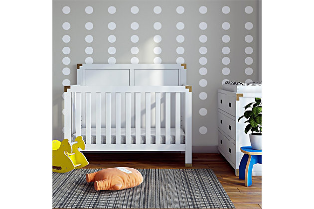 Create a space that is fun and sophisticated with the delightful Miles 5-in-1 convertible crib by Baby Relax. Combining campaign and modern style, this charismatic crib is crafted with a sturdy wood construction and features a full panel headboard, vertical slats and simple post style legs. Sleek and safe, this crib comes equipped with four mattress positions that allow you to adjust the height of the platform as your child grows. When your child is ready, the Miles conveniently converts from a crib to a daybed, toddler bed and finally a full size bed. From functionality also sprang great design with modern features such as clean lines, a fresh classic white finish and aged brass-tone metal accents. Combine the Miles 5-in-1 convertible crib with the rest of the Baby Relax Miles collection to design a playfully sophisticated nursery room that will grow with your child.Made of wood, engineered wood and metal | Campaign style 5-in-1 convertible crib | Features a modern non-toxic white finish | Includes antiqued brass-tone metal accents on the headboard and footboard | Easily converts into a toddler, daybed or full size bed | Adjustable height mattress support with 4 convenient positions to grow with your baby | Uses a standard size crib mattress (sold separately) | JPMA certified and meets all CPSC and ASTM safety standards | Get the entire playfully sophisticated look by combining the Miles 5-in-1 convertible crib with the rest of the Baby Relax Miles collection | Assembly required
