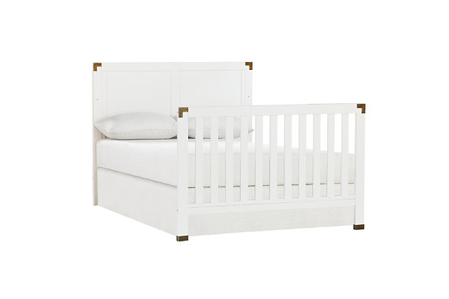 Create a space that is fun and sophisticated with the delightful Miles 5-in-1 convertible crib by Baby Relax. Combining campaign and modern style, this charismatic crib is crafted with a sturdy wood construction and features a full panel headboard, vertical slats and simple post style legs. Sleek and safe, this crib comes equipped with four mattress positions that allow you to adjust the height of the platform as your child grows. When your child is ready, the Miles conveniently converts from a crib to a daybed, toddler bed and finally a full size bed. From functionality also sprang great design with modern features such as clean lines, a fresh classic white finish and aged brass-tone metal accents. Combine the Miles 5-in-1 convertible crib with the rest of the Baby Relax Miles collection to design a playfully sophisticated nursery room that will grow with your child.Made of wood, engineered wood and metal | Campaign style 5-in-1 convertible crib | Features a modern non-toxic white finish | Includes antiqued brass-tone metal accents on the headboard and footboard | Easily converts into a toddler, daybed or full size bed | Adjustable height mattress support with 4 convenient positions to grow with your baby | Uses a standard size crib mattress (sold separately) | JPMA certified and meets all CPSC and ASTM safety standards | Get the entire playfully sophisticated look by combining the Miles 5-in-1 convertible crib with the rest of the Baby Relax Miles collection | Assembly required