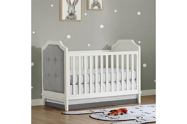 Create a truly stylish and unique nursery room with the Baby Relax Luna 3-in-1 upholstered crib. Blending transitional design with contemporary clean lines, this crib will make a wonderful choice for your little girl or boy. The clipped corner end panels and tufted dove gray upholstered detail give the Luna a luxurious feel and will add sophistication to your baby’s nursery. Crafted in a pure white finish with sturdy wood construction, this crib easily converts into a daybed as well as a toddler bed with the addition of the Luna toddler guard rail (sold separately). Combine the Luna 3-in-1 upholstered crib with the rest of the Baby Relax Luna collection to create a beautiful space that will grow alongside your child for years to come.Made of wood | Transitional design 3-in-1 upholstered convertible crib | Features a modern non-toxic white finish | Includes 2 upholstered end panels with dove gray tufted detail | Easily converts into a daybed or toddler bed with the addition of the Luna toddler guard rail (sold separately) | Uses a standard size crib mattress (sold separately) | JPMA certified and meets all CPSC and ASTM safety standards | Get the entire playfully sophisticated look by combining the Luna 3-in-1 upholstered crib with the rest of the Baby Relax Luna collection | 1-year limited warranty | For any questions regarding Dorel products, please contact customer service at 1-800-295-1980 | Assembly required