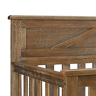 Add simple farmhouse chic charm to your nursery with the Baby Relax Hathaway 5-in-1 convertible crib. Crafted with a rustic coffee finish, the Hathaway's sturdy wood construction features a partial top panel headboard with decorative detailing. The Baby Relax Hathaway crib makes the ultimate centerpiece to complement your rustic-inspired nursery. This versatile crib transitions easily with each stage of your child’s growth. First as a crib it converts to toddler bed and daybed. It then can be converted to a full size bed with headboard and footboard once your little one is all grown up. Simply combine the Baby Relax Hathaway 5-in-1 convertible crib with other pieces from the Hathaway Collection to design a playfully elegant farmhouse-style look with rustic and vintage charm that will last for years.Made of wood | Rustic modern design 5-in-1 convertible wood crib | Features a modern non-toxic brown finish | Includes a partial top panel headboard and open slat design | Easily converts into a daybed or toddler bed with the addition of the Hathaway toddler guard rail (sold separately) | Adjustable height mattress support with 4 convenient positions to grow with your baby | Uses a standard size crib mattress (sold separately) | Get the entire playfully sophisticated look by combining the Hathaway 5-in-1 wood crib with the rest of the Baby Relax Hathaway collection | JPMA certified and meets all CPSC and ASTM safety standards | 1-year limited warranty | For any questions regarding Dorel products, please contact customer service at 1-800-295-1980 | Assembly required