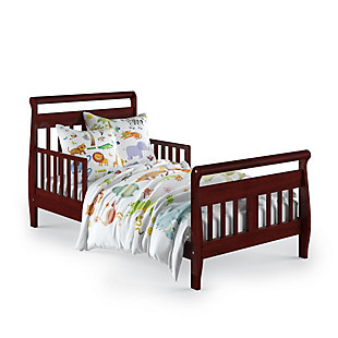 When your child is ready for that exciting move out of the crib, the Baby Relax sleigh toddler bed is the perfect next step. Featuring solid wood construction, this contemporary toddler bed is as playful as it is functional. The Baby Relax sleigh toddler bed is designed low to the ground making it easy for your child to get in and out without any assistance. For added security, two side rails are in place to help prevent falls—leaving you worry-free about their safety. This toddler bed also features a classic sleigh design that is sure to stand the test of time.Made of wood | Sleigh design toddler bed with safety guardrails | Features a modern non-toxic cherry finish | Includes a soft curved headboard and footboard | Uses a standard size crib mattress (sold separately) | Get the entire playfully sophisticated look by combining the Sleigh toddler bed with the rest of the Baby Relax collection | JPMA certified and meets all CPSC and ASTM safety standards | 1-year limited warranty | For any questions regarding Dorel products, please contact customer service at 1-800-295-1980 | Assembly required