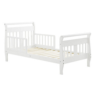 When your child is ready for that exciting move out of the crib, the Baby Relax sleigh toddler bed is the perfect next step. Featuring solid wood construction, this contemporary toddler bed is as playful as it is functional. The Baby Relax sleigh toddler bed is designed low to the ground making it easy for your child to get in and out without any assistance. For added security, two side rails are in place to help prevent falls—leaving you worry-free about their safety. This toddler bed also features a classic sleigh design that is sure to stand the test of time.Made of wood | Sleigh design toddler bed with safety guardrails | Features a modern non-toxic white finish | Includes a soft curved headboard and footboard | Uses a standard size crib mattress (sold separately) | Get the entire playfully sophisticated look by combining the Sleigh toddler bed with the rest of the Baby Relax collection | JPMA certified and meets all CPSC and ASTM safety standards | 1-year limited warranty | For any questions regarding Dorel products, please contact customer service at 1-800-295-1980 | Assembly required