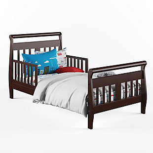 When your child is ready for that exciting move out of the crib, the Baby Relax sleigh toddler bed is the perfect next step. Featuring solid wood construction, this contemporary toddler bed is as playful as it is functional. The Baby Relax sleigh toddler bed is designed low to the ground making it easy for your child to get in and out without any assistance. For added security, two side rails are in place to help prevent falls—leaving you worry-free about their safety. This toddler bed also features a classic sleigh design that is sure to stand the test of time.Made of wood | Sleigh design toddler bed with safety guardrails | Features a modern non-toxic brown finish | Includes a soft curved headboard and footboard | Uses a standard size crib mattress (sold separately) | Get the entire playfully sophisticated look by combining the Sleigh toddler bed with the rest of the Baby Relax collection | JPMA certified and meets all CPSC and ASTM safety standards | 1-year limited warranty | For any questions regarding Dorel products, please contact customer service at 1-800-295-1980 | Assembly required