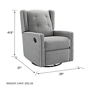 The Baby Relax Mikayla swivel glider recliner cradles you and your little one in the lap of luxury. Richly tailored, its soft foam cushioning and button-tufted upholstery add a level of distinction to the nursery or living room. The enclosed ball bearing mechanism allows for 360-degree swivel and smooth gliding motion; giving you a full range of movement for optimal functionality. When it’s time to relax, the Mikayla includes a built-in easy-pull tab to prop up your legs or stretch out and fully recline.Made of wood, metal and fabric | Gray upholstery | Sturdy construction with a supportive spring core foam-filled seat | Square silhouette with pocket coil seating, track arm design, button-tufted backrest and elegant welt trim detailing | Enclosed ball bearing mechanism provides rotating swivel function and smooth-gliding motion | Minimal assembly required | 1-year limited warranty | For any questions regarding Dorel products, please contact customer service at 1-800-295-1980
