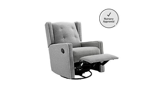 The Baby Relax Mikayla swivel glider recliner cradles you and your little one in the lap of luxury. Richly tailored, its soft foam cushioning and button-tufted upholstery add a level of distinction to the nursery or living room. The enclosed ball bearing mechanism allows for 360-degree swivel and smooth gliding motion; giving you a full range of movement for optimal functionality. When it’s time to relax, the Mikayla includes a built-in easy-pull tab to prop up your legs or stretch out and fully recline.Made of wood, metal and fabric | Gray upholstery | Sturdy construction with a supportive spring core foam-filled seat | Square silhouette with pocket coil seating, track arm design, button-tufted backrest and elegant welt trim detailing | Enclosed ball bearing mechanism provides rotating swivel function and smooth-gliding motion | Minimal assembly required | 1-year limited warranty | For any questions regarding Dorel products, please contact customer service at 1-800-295-1980