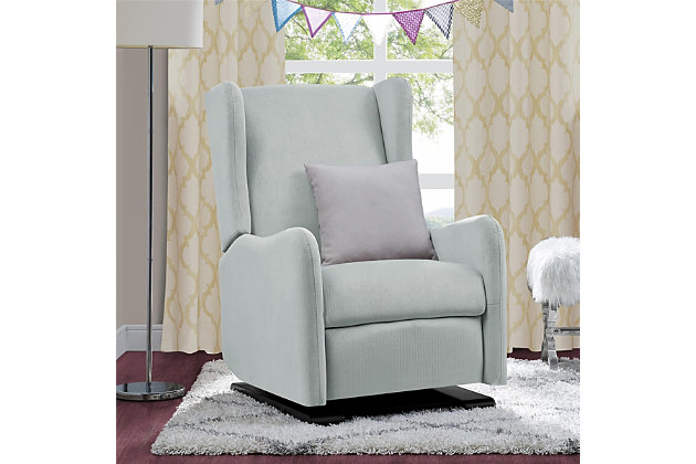 Designed with your comfort in mind, the Baby Relax Rylee glider recliner is the perfect seating solution to settle in and relax with your baby. Upholstered in a linen fabric, this gliding recliner offers the ultimate blend of clean-lined style, a contemporary wingback profile and serpentine arm design. More than just a pretty face, the Rylee glider recliner offers key comfort features such as a tall back for head and neck support, generously padded cushions and a smooth-reclining mechanism that allows you to put your feet up and enjoy the deep relaxation you deserve. A cool combination of comfort and charm, the Baby Relax Rylee gliding recliner is sure to be a welcome addition to your nursery or any seating area.Made of wood, metal and fabric | Light gray linen upholstery | Sturdy construction with a supportive spring core foam-filled seat | Contemporary wingback profile with serpentine arms | Smooth recline mechanism located in between the arm rest and seat | Minimal assembly required | 1-year limited warranty | For any questions regarding Dorel products, please contact customer service at 1-800-295-1980