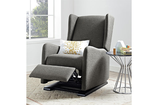 Designed with your comfort in mind, the Baby Relax Rylee glider recliner is the perfect seating solution to settle in and relax with your baby. Upholstered in a linen fabric, this gliding recliner offers the ultimate blend of clean-lined style, a contemporary wingback profile and serpentine arm design. More than just a pretty face, the Rylee glider recliner offers key comfort features such as a tall back for head and neck support, generously padded cushions and a smooth-reclining mechanism that allows you to put your feet up and enjoy the deep relaxation you deserve. A cool combination of comfort and charm, the Baby Relax Rylee gliding recliner is sure to be a welcome addition to your nursery or any seating area.Made of wood, metal and fabric | Gray linen upholstery | Sturdy construction with a supportive spring core foam-filled seat | Contemporary wingback profile with serpentine arms | Smooth recline mechanism located in between the arm rest and seat | Minimal assembly required | 1-year limited warranty | For any questions regarding Dorel products, please contact customer service at 1-800-295-1980