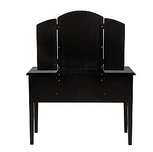 With all the allure of a treasured heirloom—at a fraction of the price—this beguiling 3-piece vanity set will fit right in. A softly padded seat welcomes, while the dark finish and hinged, tri-fold mirror are clear reflections of your good taste. And when you’ve perfected your look, five curved drawers keep the top uncluttered and essentials close at hand.Includes vanity, mirror and stool | Made of rubberwood and engineered wood | Foam cushioned seat with cotton/polyester upholstery | Hinged tri-fold mirror | 5 curved drawers | Assembly required