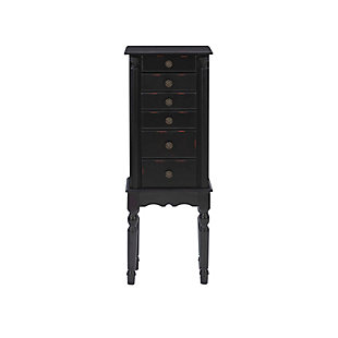 With all the allure of a treasured heirloom—at a fraction of the price—this beguiling jewelry armoire will fit right in. Traditional touches such as turned legs, a scalloped apron and plentiful accessory drawers entice, while the rich, dark finish and inset mirror are clear reflections of your good taste.Made of birch wood, birch veneer, paper veneer and engineered wood | Black finish | Plush black rayon lining | Lift top storage space with mirror | 5 drawers and 2 side swing doors | Assembly required