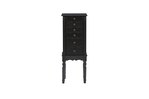 With all the allure of a treasured heirloom—at a fraction of the price—this beguiling jewelry armoire will fit right in. Traditional touches such as turned legs, a scalloped apron and plentiful accessory drawers entice, while the rich, dark finish and inset mirror are clear reflections of your good taste.Made of birch wood, birch veneer, paper veneer and engineered wood | Black finish | Plush black rayon lining | Lift top storage space with mirror | 5 drawers and 2 side swing doors | Assembly required