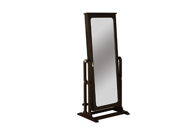 With all the allure of a treasured heirloom—at a fraction of the price—this beguiling full length mirror with storage will fit right in. Traditional touches such as adjustable tilt settings and plentiful accessory storage entice, while the rich, dark finish and shiny chrome-tone knobs are clear reflections of your good taste.Made of rubberwood and engineered wood | Antiqued black finish | Plush brown rayon lining | Full length mirrored door; interior jewelry storage compartment | Chrome-tone knobs; antiqued brass-tone hooks | Assembly required