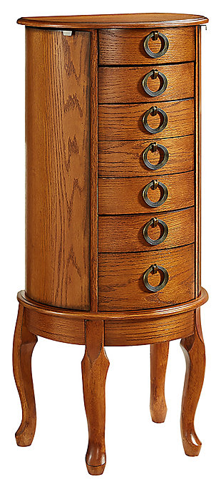 With all the allure of a treasured heirloom—at a fraction of the price—this beguiling jewelry armoire will fit right in. Early American touches such as open ring pulls, Anne feet and plentiful accessory drawers entice, while the rich, burnished oak-tone finish and lift-top mirror are clear reflections of your good taste.Made of rubberwood, veneer and engineered wood | Burnished oak-tone finish | Plush black rayon lining | 6 spacious drawers | 2 concealed side storage cabinets | Lift top storage space with mirror | Circular knobs | Assembly required