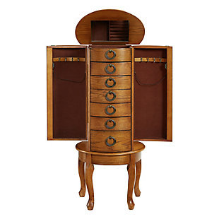 With all the allure of a treasured heirloom—at a fraction of the price—this beguiling jewelry armoire will fit right in. Early American touches such as open ring pulls, Anne feet and plentiful accessory drawers entice, while the rich, burnished oak-tone finish and lift-top mirror are clear reflections of your good taste.Made of rubberwood, veneer and engineered wood | Burnished oak-tone finish | Plush black rayon lining | 6 spacious drawers | 2 concealed side storage cabinets | Lift top storage space with mirror | Circular knobs | Assembly required