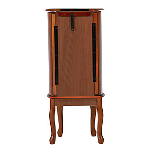 With all the allure of a treasured heirloom—at a fraction of the price—this beguiling jewelry armoire will fit right in. Early American touches such as open ring pulls, Queen Anne feet and plentiful accessory drawers entice, while the rich, cherry-tone finish and lift-top mirror are clear reflections of your good taste.Made of rubberwood, veneer and engineered wood | Cherry-tone finish | Plush black rayon lining | 6 spacious drawers | 2 side storage cabinets | Lift top storage space with mirror | Open circular knobs | Assembly required