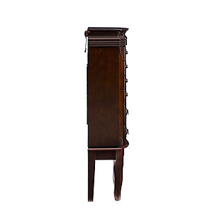 With all the allure of a treasured heirloom—at a fraction of the price—this beguiling jewelry armoire will fit right in. Early American touches such as goldtone drawer pulls, curved legs and lined accessory drawers entice, while the rich, espresso finish and lift-top mirror are clear reflections of your good taste.Made of oak veneer and engineered wood | Espresso finish | Plush black rayon lining | 8 lined drawers/compartments | 2 side storage cabinets | Lift top storage space with mirror | Assembly required