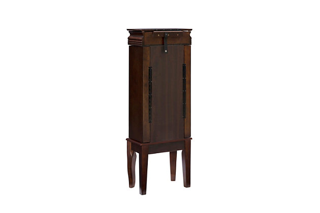 With all the allure of a treasured heirloom—at a fraction of the price—this beguiling jewelry armoire will fit right in. Early American touches such as goldtone drawer pulls, curved legs and lined accessory drawers entice, while the rich, espresso finish and lift-top mirror are clear reflections of your good taste.Made of oak veneer and engineered wood | Espresso finish | Plush black rayon lining | 8 lined drawers/compartments | 2 side storage cabinets | Lift top storage space with mirror | Assembly required