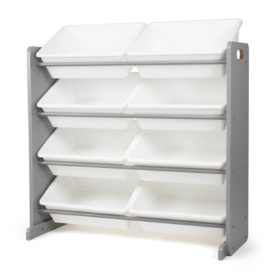 toy storage shelves with bins