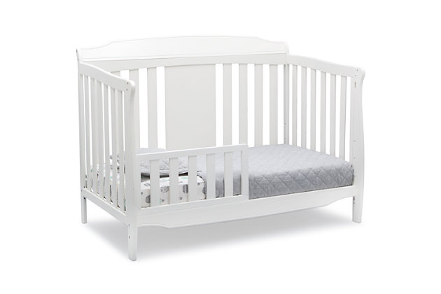 For a fresh take on traditional, look no further than the Westminster 6-in-1 Convertible Baby Crib by Delta Children. It features an updated sleigh-style silhouette, durable finish and cut-corner headboard—a winning combination for any nursery. Timeless details and sturdy wood construction make this crib a great value. The only bed your child will ever need, this versatile crib easily transitions with each stage of their growth by converting to a toddler bed, daybed, sofa and full size bed with or without footboard.Made of pine wood, engineered wood and metal | White finish | 6-in-1 crib converts to a toddler bed (guardrail sold separately), daybed, sofa (daybed/sofa rail included) and a full-size bed with headboard (full bed rails sold separately) | Adjustable height mattress support with 3 convenient positions to grow with your baby | Uses a standard size crib mattress (sold separately) | Easy assembly | Delta children cribs are jpma certified, and are tested above and beyond industry standards | For any questions regarding delta children products, please contact consumersupport@deltachildren.com monday to friday, 8:30 a.m. To 6 p.m. (est)