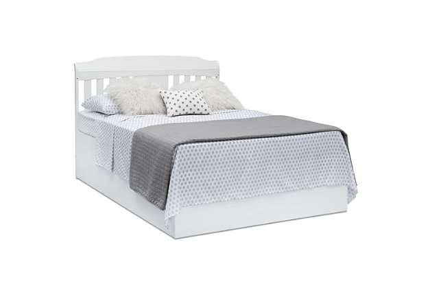 For a fresh take on traditional, look no further than the Westminster 6-in-1 Convertible Baby Crib by Delta Children. It features an updated sleigh-style silhouette, durable finish and cut-corner headboard—a winning combination for any nursery. Timeless details and sturdy wood construction make this crib a great value. The only bed your child will ever need, this versatile crib easily transitions with each stage of their growth by converting to a toddler bed, daybed, sofa and full size bed with or without footboard.Made of pine wood, engineered wood and metal | White finish | 6-in-1 crib converts to a toddler bed (guardrail sold separately), daybed, sofa (daybed/sofa rail included) and a full-size bed with headboard (full bed rails sold separately) | Adjustable height mattress support with 3 convenient positions to grow with your baby | Uses a standard size crib mattress (sold separately) | Easy assembly | Delta children cribs are jpma certified, and are tested above and beyond industry standards | For any questions regarding delta children products, please contact consumersupport@deltachildren.com monday to friday, 8:30 a.m. To 6 p.m. (est)
