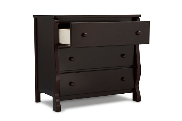 The curved lines and versatile functionality of the Universal 3 Drawer Dresser from Delta Children will give your baby's nursery a beautiful, timeless look. Favorite details include a gender-neutral design for boys or girls bedrooms, safety stops that prevent the drawers from falling out, and wooden knobs to make opening and closing the drawers easy. With three spacious drawers, there's room to store all their essentials. More importantly, this youth dresser is built from made-to-last materials to ensure years of use.Dresser only | Made of pine wood, engineered wood and metal | Brown finish | 3 smooth-operating drawers with safety stops | Anti tip-over kit included | Delta children dressers meet the requirements of astm f2057, the voluntary industry tip over standard for dressers | For any questions regarding delta children products, please contact consumersupport@deltachildren.com monday to friday, 8:30 a.m. To 6 p.m. (est) | Easy assembly