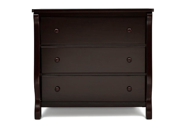 The curved lines and versatile functionality of the Universal 3 Drawer Dresser from Delta Children will give your baby's nursery a beautiful, timeless look. Favorite details include a gender-neutral design for boys or girls bedrooms, safety stops that prevent the drawers from falling out, and wooden knobs to make opening and closing the drawers easy. With three spacious drawers, there's room to store all their essentials. More importantly, this youth dresser is built from made-to-last materials to ensure years of use.Dresser only | Made of pine wood, engineered wood and metal | Brown finish | 3 smooth-operating drawers with safety stops | Anti tip-over kit included | Delta children dressers meet the requirements of astm f2057, the voluntary industry tip over standard for dressers | For any questions regarding delta children products, please contact consumersupport@deltachildren.com monday to friday, 8:30 a.m. To 6 p.m. (est) | Easy assembly