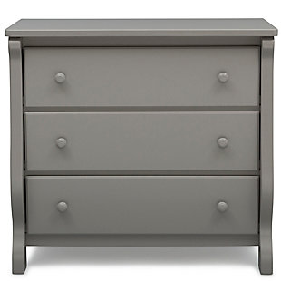 The curved lines and versatile functionality of the Universal 3 Drawer Dresser from Delta Children will give your baby's nursery a beautiful, timeless look. Favorite details include a gender-neutral design for boys or girls bedrooms, safety stops that prevent the drawers from falling out, and large wooden knobs to make opening and closing the drawers easy. With three spacious drawers, there's room to store all their essentials. More importantly, this youth dresser is built from made-to-last materials to ensure years of use.Dresser only | Made of pine wood, engineered wood and metal | Gray finish | 3 smooth-operating drawers with safety stops | Anti tip-over kit included | Delta children dressers meet the requirements of astm f2057, the voluntary industry tip over standard for dressers | For any questions regarding delta children products, please contact consumersupport@deltachildren.com monday to friday, 8:30 a.m. To 6 p.m. (est) | Easy assembly