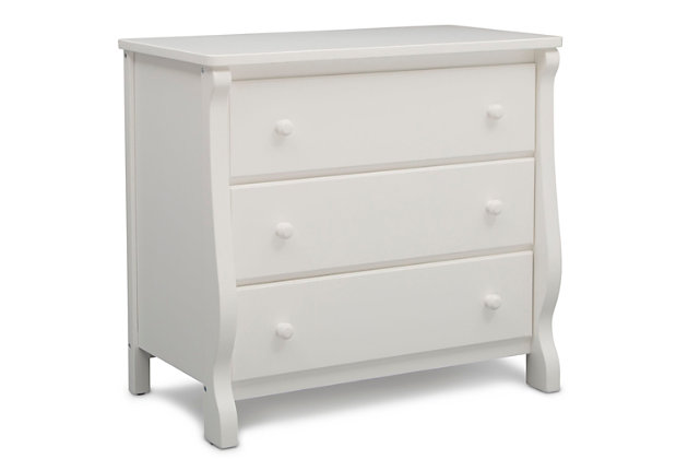 The curved lines and versatile functionality of the Universal 3 Drawer Dresser from Delta Children will give your baby's nursery a beautiful, timeless look. Favorite details include a gender-neutral design for boys or girls bedrooms, safety stops that prevent the drawers from falling out, and large wooden knobs to make opening and closing the drawers easy. With three spacious drawers, there's room to store all their essentials. More importantly, this youth dresser is built from made-to-last materials to ensure years of use.Dresser only | Made of pine wood, engineered wood and metal | White finish | 3 smooth-operating drawers with safety stops | Anti tip-over kit included | Delta children dressers meet the requirements of astm f2057, the voluntary industry tip over standard for dressers | For any questions regarding delta children products, please contact consumersupport@deltachildren.com monday to friday, 8:30 a.m. To 6 p.m. (est) | Easy assembly