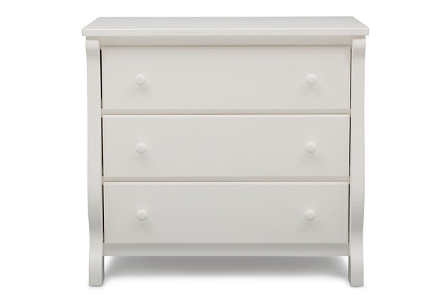 The curved lines and versatile functionality of the Universal 3 Drawer Dresser from Delta Children will give your baby's nursery a beautiful, timeless look. Favorite details include a gender-neutral design for boys or girls bedrooms, safety stops that prevent the drawers from falling out, and large wooden knobs to make opening and closing the drawers easy. With three spacious drawers, there's room to store all their essentials. More importantly, this youth dresser is built from made-to-last materials to ensure years of use.Dresser only | Made of pine wood, engineered wood and metal | White finish | 3 smooth-operating drawers with safety stops | Anti tip-over kit included | Delta children dressers meet the requirements of astm f2057, the voluntary industry tip over standard for dressers | For any questions regarding delta children products, please contact consumersupport@deltachildren.com monday to friday, 8:30 a.m. To 6 p.m. (est) | Easy assembly