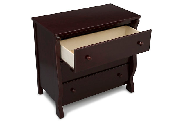 The curved lines and versatile functionality of the Universal 3 Drawer Dresser from Delta Children will give your baby's nursery a beautiful, timeless look. Favorite details include a gender-neutral design for boys or girls bedrooms, safety stops that prevent the drawers from falling out, and large wooden knobs to make opening and closing the drawers easy. With three spacious drawers, there's room to store all their essentials. More importantly, this youth dresser is built from made-to-last materials to ensure years of use.Dresser only | Made of pine wood, engineered wood and metal | Brown finish | 3 smooth-operating drawers with safety stops | Anti tip-over kit included | Delta children dressers meet the requirements of astm f2057, the voluntary industry tip over standard for dressers | For any questions regarding delta children products, please contact consumersupport@deltachildren.com monday to friday, 8:30 a.m. To 6 p.m. (est) | Easy assembly