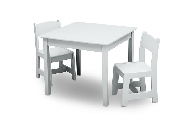 The perfect foundation for fun and learning, the MySize Kids Table & 2 Chairs Set from Delta Children features a smooth, wood top that makes it extremely durable and easy to clean. Whether your child uses it for art projects, tea parties, snack time or homework, this table and chair set will enhance their sense of wonder. Sized just right for your growing child, the MySize Table & 2 Chairs Set will provide years of creative fun. The table's beautiful finish complements existing bedroom, playroom or living room decor, allowing you to create a space that works for kids and adults alike.Includes table and 2 chairs | Made of pine wood, engineered wood and metal | Chair holds up to 50 pounds | Recommended for ages 3+ | Assembly required | Meets or exceeds all safety standards set by the cpsc | For any questions regarding delta children products, please contact consumersupport@deltachildren.com monday to friday, 8:30 a.m. To 6 p.m. (est)