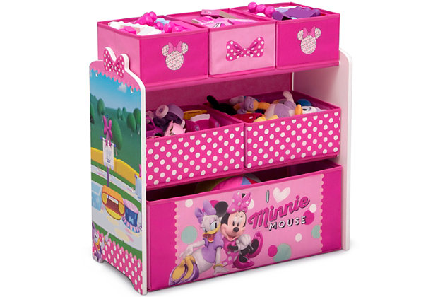 Your little one’s playroom or bedroom will be as cute as can be with this Disney Minnie Mouse Design and Store 6-Bin Toy Organizer by Delta Children. Designed for little kids with big imaginations, this super-sweet toy bin adds bold color with its graphic images of Minnie Mouse and Daisy Duck, plus it comes with reusable vinyl cling stickers that allow your child to decorate the sides themselves. The stickers feature Minnie with all her bows, purses and shoes, as well as Daisy, Figaro and Bella. Supported by a sturdy frame, this practical storage piece features six fabric toy bins in three different sizes to stow a ton of toys. A great option for any room, this Disney Minnie Mouse Design and Store 6-Bin Toy Organizer will get kids excited about cleaning up.Made of pine wood, engineered wood and metal | 6 fabric bins (1 large, 2 medium and 3 small); reusable vinyl cling stickers | Recommended for ages 3+ | Assembly required | Meets or exceeds all safety standards set by the cpsc | For any questions regarding delta children products, please contact consumersupport@deltachildren.com monday to friday, 8:30 a.m. To 6 p.m. (est)