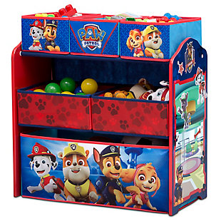 This Nick Jr. PAW Patrol 6-Bin Design and Store Toy Organizer by Delta Children will keep your child's space cute and clean. Designed for little kids with big imaginations, this cool toy storage bin features colorful graphics of Chase, Rubble, Rocky, Zuma, Marshall, Skye and Everest. It comes with reusable vinyl cling stickers that allow your child to decorate the sides themselves. The stickers feature PAW Patrol characters that encourage kids to create magical scenes on the sides of the bin. Supported by a sturdy frame, this practical storage piece features six fabric toy bins in three different sizes to stow a ton of toys. A great option for any room, the PAW Patrol 6-Bin Design and Store Toy Organizer will make cleaning up fun.Made of pine wood, engineered wood and metal | 6 fabric bins (1 large, 2 medium and 3 small); reusable vinyl cling stickers | Recommended for ages 3+ | Assembly required | Meets or exceeds all safety standards set by the cpsc | For any questions regarding delta children products, please contact consumersupport@deltachildren.com monday to friday, 8:30 a.m. To 6 p.m. (est)