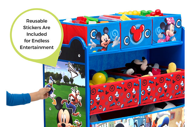 This Disney Mickey Mouse 6-Bin Design and Store Toy Organizer by Delta Children will keep your child's space cute and clean. Designed for little kids with big imaginations, this cool toy storage bin features colorful graphics of Mickey, plus it comes with reusable vinyl cling stickers that allow your child to decorate the sides themselves. The stickers feature kids’ favorite characters that encourage kids to create magical scenes on the sides of the bin. Supported by a sturdy frame, this practical storage piece features six fabric toy bins in three different sizes to stow a ton of toys. A great option for any room, the Mickey Mouse 6-Bin Design and Store Toy Organizer will make cleaning up fun.Made of pine wood, engineered wood and metal | 6 fabric bins (1 large, 2 medium and 3 small); reusable vinyl cling stickers | Recommended for ages 3+ | Assembly required | Meets or exceeds all safety standards set by the cpsc | For any questions regarding delta children products, please contact consumersupport@deltachildren.com monday to friday, 8:30 a.m. To 6 p.m. (est)