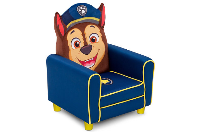 Chase is on the case—and on this PAW Patrol Figural Upholstered Kids Chair by Delta Children. Designed to resemble Adventure Bay's most-trusted police dog, this cozy chair for kids features plush fabrics, detailed graphics and 3D accents of Chase's ears and police hat. Full of character, this chair will be the star attraction in any room.Made of pine wood, metal and foam | Polyester upholstery | Recommended for ages 3+ | Holds up to 100 pounds | Assembly required | Meets or exceeds all safety standards set by the cpsc | For any questions regarding delta children products, please contact consumersupport@deltachildren.com monday to friday, 8:30 a.m. To 6 p.m. (est)