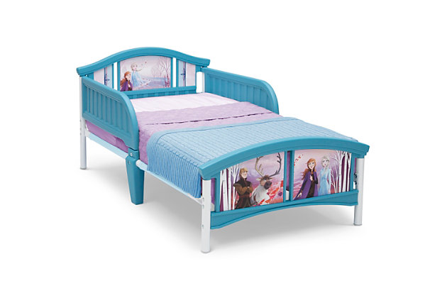 With this Disney Frozen II Plastic Toddler Bed by Delta Children little adventurers will (snow) drift off to sleep. Accented with colorful decals of Anna, Elsa, Kristoff, Sven and other Frozen-inspired graphics, this icy blue kids’ toddler bed brings a flurry of enchantment to any bedroom. The bed’s low height and attached guardrails make it a safe option for your child’s first big-kid bed. Get this toddler bed today and bring home the magic of Frozen II.Made of plastic, metal and fabric | Attached guardrails | Fits standard crib mattress (sold separately) | Recommended for ages 15 months+ | Holds up to 50 pounds | Assembly required | Jpma certified to meet or exceed all safety standards set by the cpsc & astm | For any questions regarding delta children products, please contact consumersupport@deltachildren.com monday to friday, 8:30 a.m. To 6 p.m. (est)