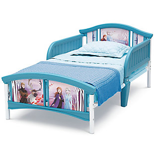 With this Disney Frozen II Plastic Toddler Bed by Delta Children little adventurers will (snow) drift off to sleep. Accented with colorful decals of Anna, Elsa, Kristoff, Sven and other Frozen-inspired graphics, this icy blue kids’ toddler bed brings a flurry of enchantment to any bedroom. The bed’s low height and attached guardrails make it a safe option for your child’s first big-kid bed. Get this toddler bed today and bring home the magic of Frozen II.Made of plastic, metal and fabric | Attached guardrails | Fits standard crib mattress (sold separately) | Recommended for ages 15 months+ | Holds up to 50 pounds | Assembly required | Jpma certified to meet or exceed all safety standards set by the cpsc & astm | For any questions regarding delta children products, please contact consumersupport@deltachildren.com monday to friday, 8:30 a.m. To 6 p.m. (est)